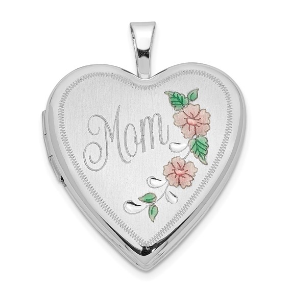 14k White Gold Enamel Flowers Mom Heart Locket 3/4in