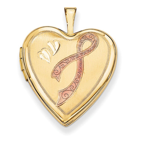 14kt Yellow Gold 3/4in Heart Locket Breast Cancer Ribbon with Hearts