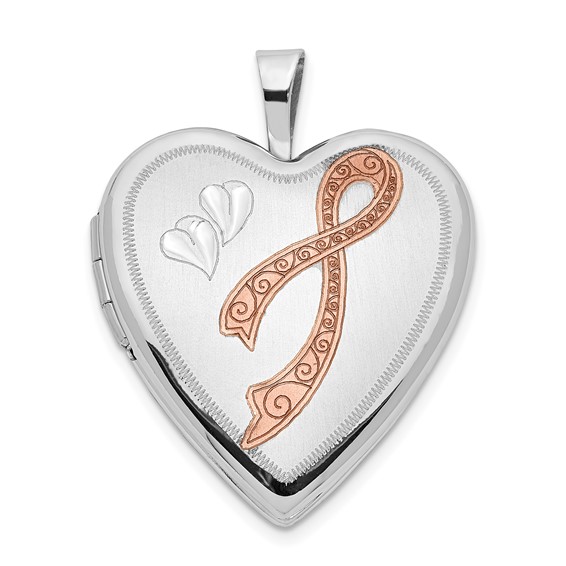 14kt White Gold 3/4in Enamel Breast Cancer with Hearts Heart Locket