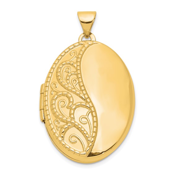 14kt Yellow Gold 1in Oval Locket with Hand Engraved Vines Design