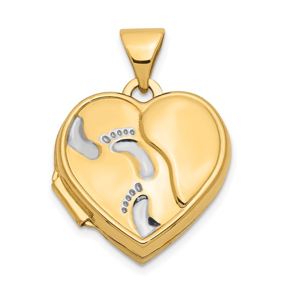 14k Yellow Gold Rhodium Heart Foot Prints Locket 5/8in