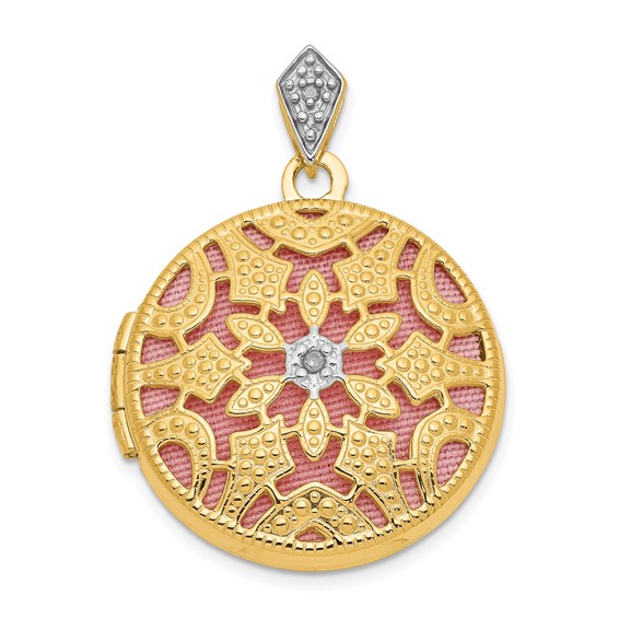 14k Yellow Gold Round Vintage Style Locket with Diamond Accent 20mm