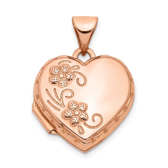 14k Rose Gold Domed Heart Locket with Flowers 5/8in