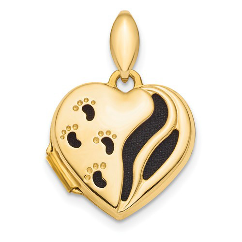 14k Yellow Gold Footprints Heart Locket with Black Fabric 5/8in