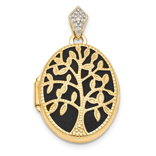 14kt Yellow Gold 5/8in Oval Tree Diamond Locket with Black Fabric