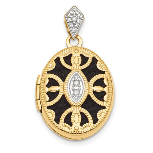 14kt Yellow Gold 5/8in Black Fabric Oval Locket with Diamond Accent