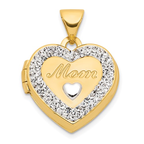 14k Yellow Gold with Rhodium Crystal MOM Heart Locket