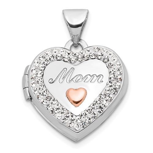 14k White Gold with Rhodium Crystal MOM Heart Locket