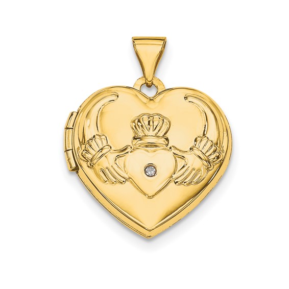 14kt Yellow Gold 5/8in Claddagh Heart Diamond Locket