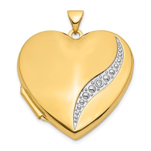 14k Yellow Gold Rhodium .01 ct Diamond Heart Locket with Wave 1in