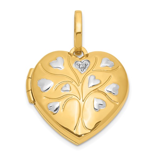 14k Yellow Gold and Rhodium Diamond Heart Tree of Life Heart Locket
