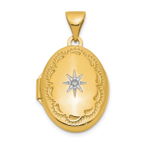 14k Yellow Gold Brushed Diamond Star Oval Locket