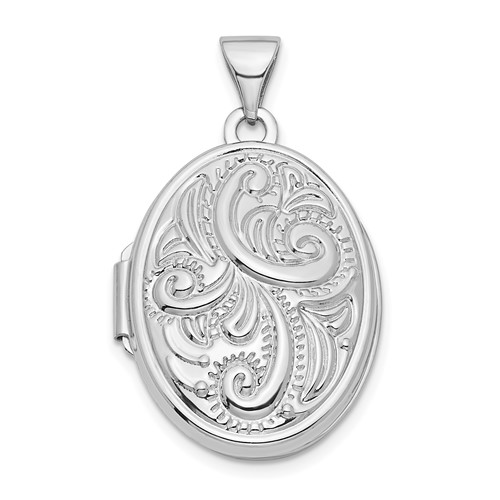 14k White Gold Oval Locket with Swirl Design 3/4in