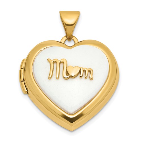 14k Yellow Gold White Agate Mom Heart Locket