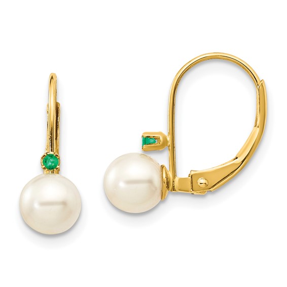 14k Gold 5mm Freshwater Cultured Pearl Emerald Leverback Earrings