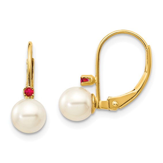 14k Gold 5mm Freshwater Cultured Pearl Leverback Earrings with Rubies