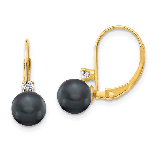 14k Gold 6mm Black Freshwater Cultured Pearl Diamond Leverback Earrings