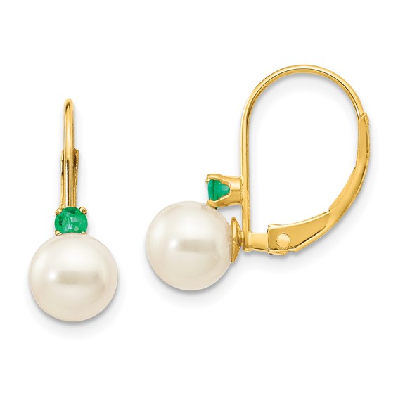 14k Gold 6.5mm Freshwater Cultured Pearl Emerald Leverback Earrings