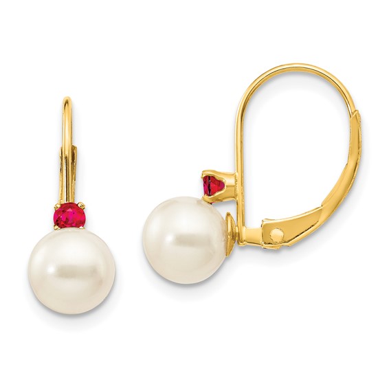 14k Gold 6.5mm Freshwater Cultured Pearl Ruby Leverback Earrings