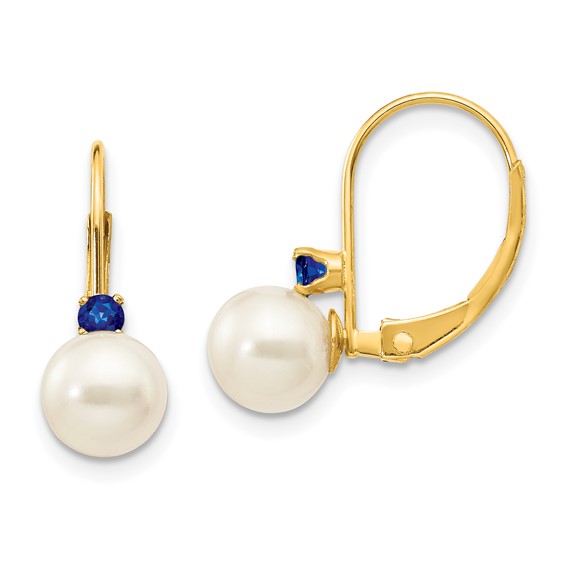 14k Gold 6.5mm Freshwater Cultured Pearl Sapphire Leverback Earrings