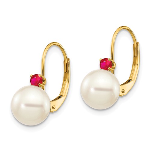 14k Yellow Gold 7.5mm Freshwater Cultured Pearl Ruby Leverback Earrings