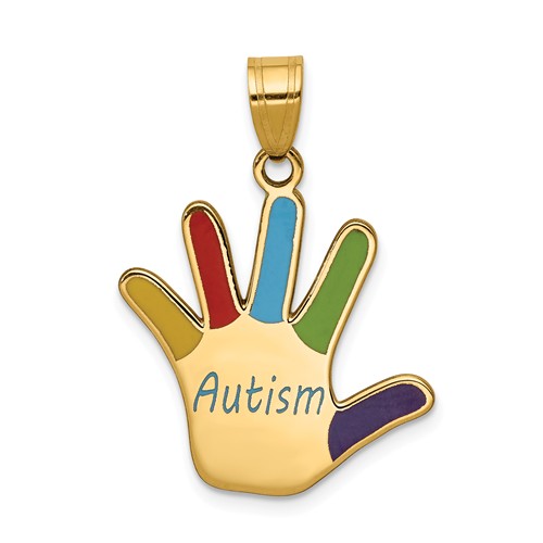 14k Yellow Gold Enameled Autism Handprint Pendant 3/4in