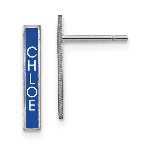 14k White Gold Name Bar Earrings With Blue Epoxy