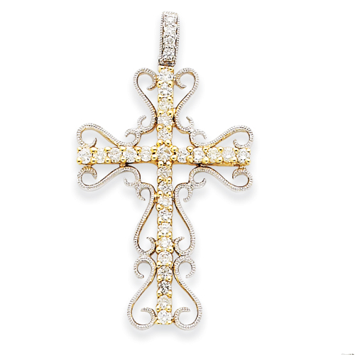 14kt Two-tone Gold 1 1/2in Diamond Filigree Cross Pendant