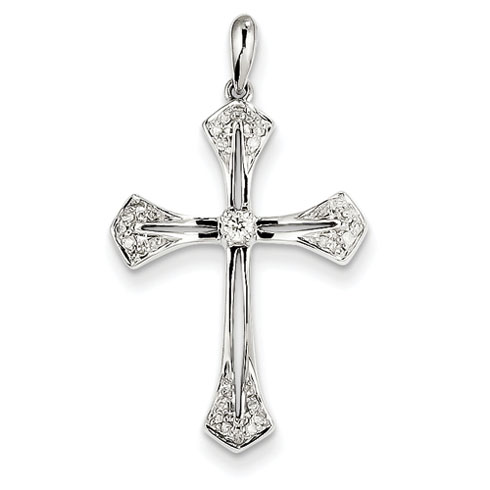 14k White Gold .15 ct Diamond Budded Cross Pendant 1in