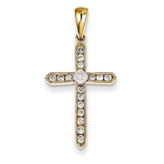 14k Yellow Gold 1/4 ct Diamond Beaded Cross Pendant