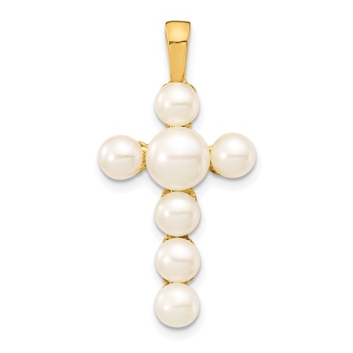 14k Yellow Gold 4-6mm Button Freshwater Cultured Pearl Cross Pendant
