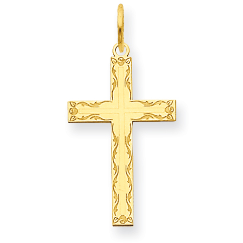 14k Yellow Gold Laser Etched Floral Border Cross Pendant 5/8in