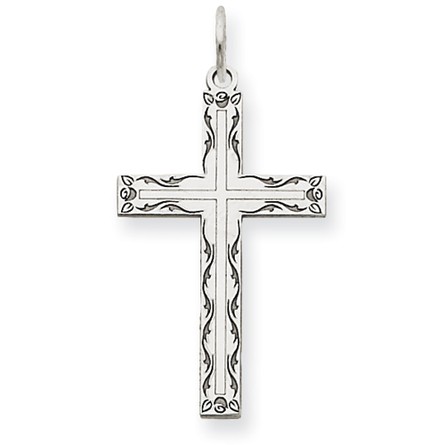14k White Gold Laser Etched Floral Cross Pendant 3/4in