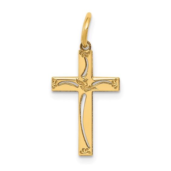 14k Yellow Gold 5/8in Laser Etched Flower Cut-out Cross