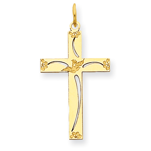 14k Yellow Gold 3/4in Laser Etched Flower Cut-out Cross