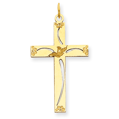 14k Yellow Gold 1in Laser Etched Flower Cut-out Cross