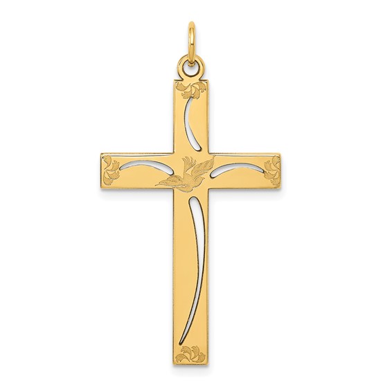 14k Yellow Gold Laser Etched Flower Cross Pendant 1 1/4in