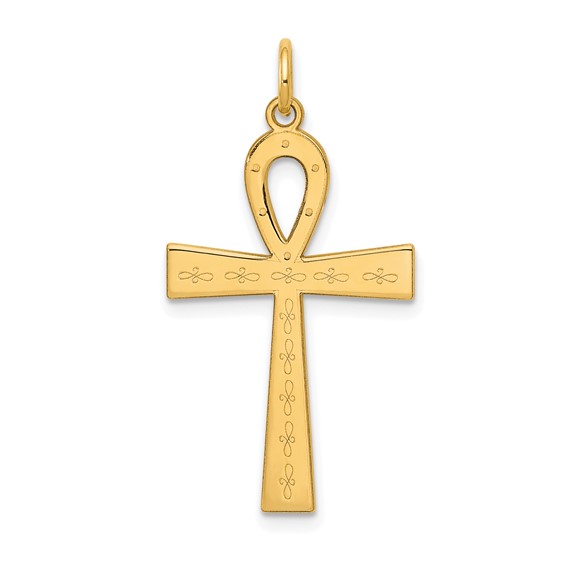14k Yellow Gold 1in Laser Designed Ankh Cross Pendant