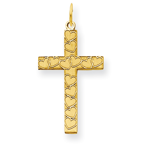 14k Yellow Gold Latin Cross Pendant with Hearts 5/8in