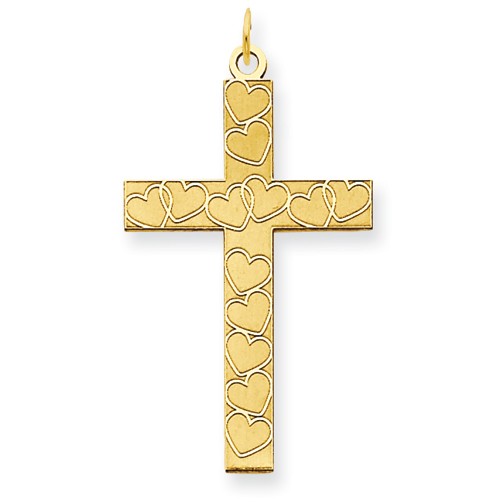 14kt Yellow Gold 1in Cross Pendant with Hearts