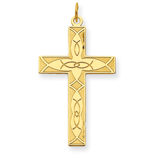 14k Yellow Gold Cross Pendant with Laser Cut Fish Design 1in