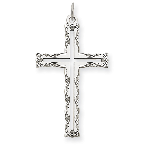 14kt White Gold 1in Floral Laser Etched Cut-out Cross