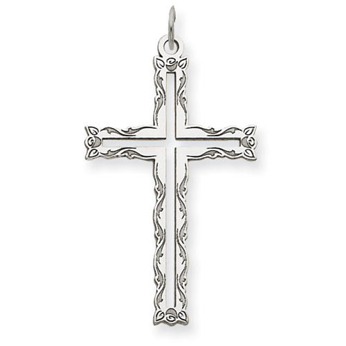 14kt White Gold 1in Floral Laser Etched Cut-out Cross