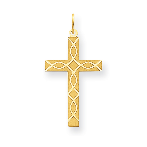 14k Yellow Gold Latin Cross Pendant with Ichthus Fish Design 1in