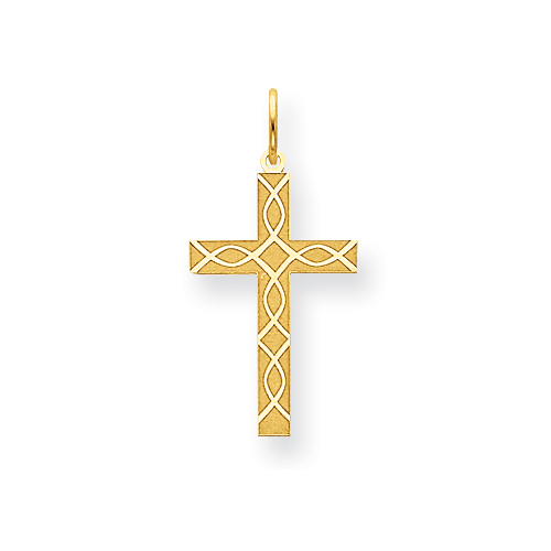 14k Yellow Gold Laser Designed Cross Charm Icthus Fish Design 3/4in