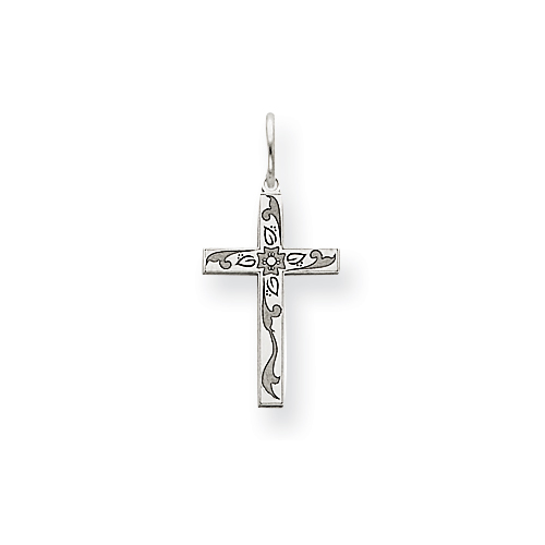14k White Gold Laser Cut Floral Cross Pendant 5/8in