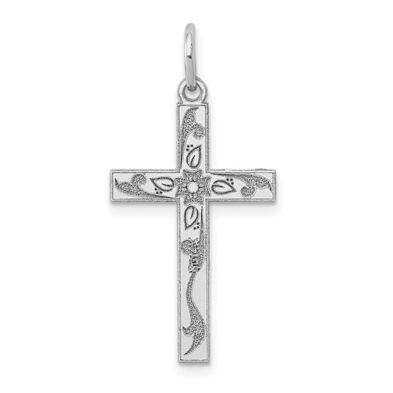 14k White Gold Laser-cut Flower Cross Pendant 3/4in