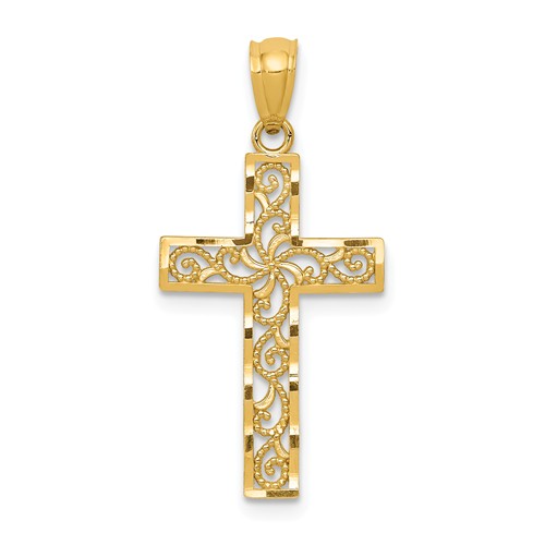14k Yellow Gold Diamond-cut Open Filigree Cross Pendant 7/8in