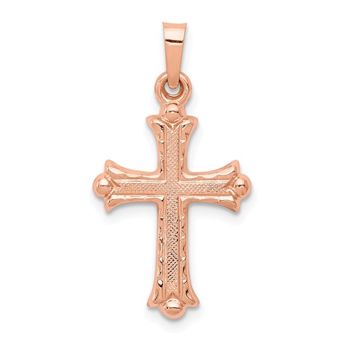 14k Rose Gold Hollow Budded Cross Pendant 3/4in