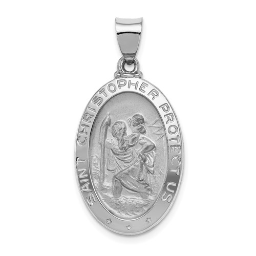 14k White Gold Oval Hollow St Christopher Medal 1in